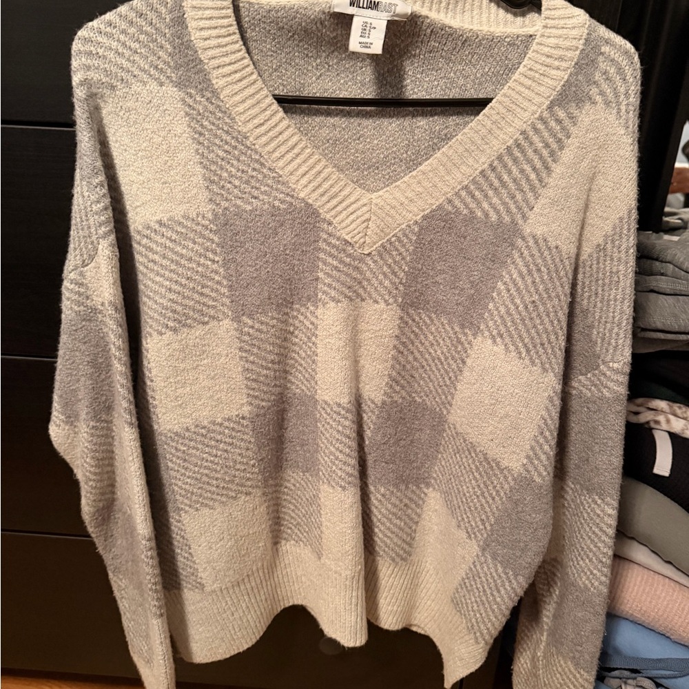 William Rast V-Neck Plaid Sweater - Light Gray and Cream